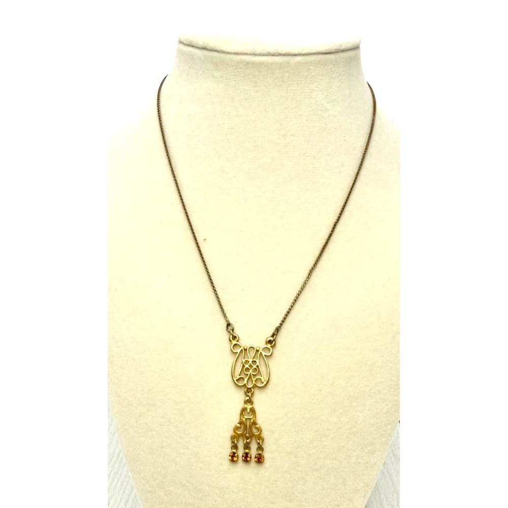 Vintage 90s Art Nouveau Gold Tone Floral Scroll Pendant Necklace 16in